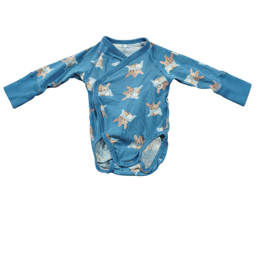 Polarn O. Pyret Blue Bunny Scarf Organic Wrap Bodysuit 1-2M 56 Kimono Snaps